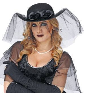 Cappello vedova nera con rose velo e ragni