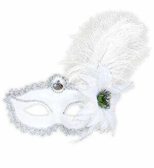 Maschera domino bianca con rosa e piume