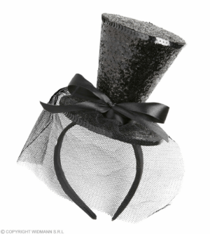 Mini cilindro nero glitter su cerchietto con fiocco e velo