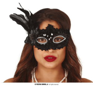 Maschera domino nera con fiore e piuma