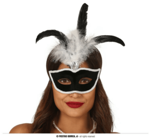 Maschera velluto nero con piuma bianca