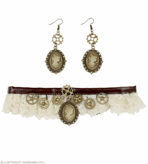 Girocollo in pizzo e orecchini cameo steampunk