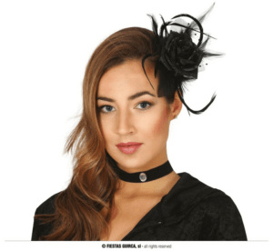 Diadema a clip fiore rosa nera con piume e perline 10 cm