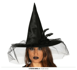 Cappello nero da strega con velo e piume