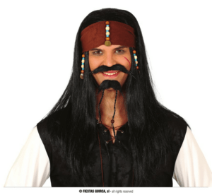 Parrucca Pirata Lunga Nera con Fascia e decori in legno