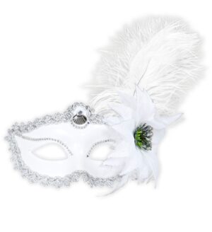 Maschera domino bianca con rosa e piume