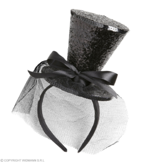 Mini cilindro nero glitter su cerchietto con fiocco e velo