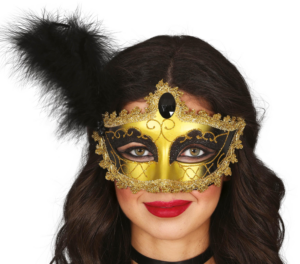 Maschera Lupo Veneziano Barocco Piuma Oro Nero Adulto