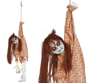 Ragazza horror sospesa, alta 90 cm, con luci, suoni e movimento.