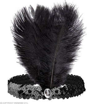 Fascia nera in paillettes con 2 piume e gemma